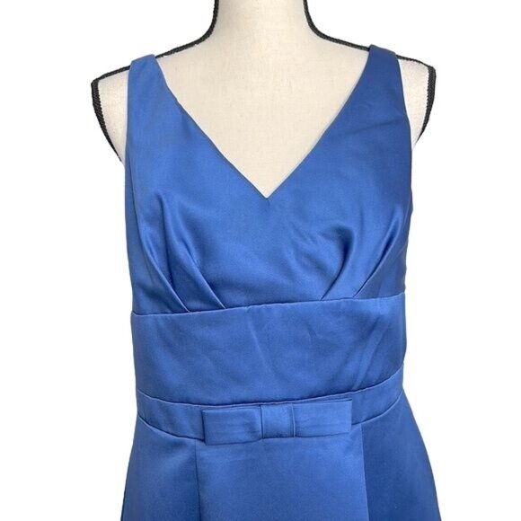 Alfred Angelo Dress Formal Satin Indigo Blue Bow Waist V Neck Sleeveless Size 12 - Picture 3 of 6